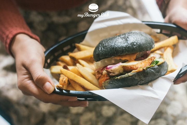 Charcoal burger at myBurgerLab Cambodia