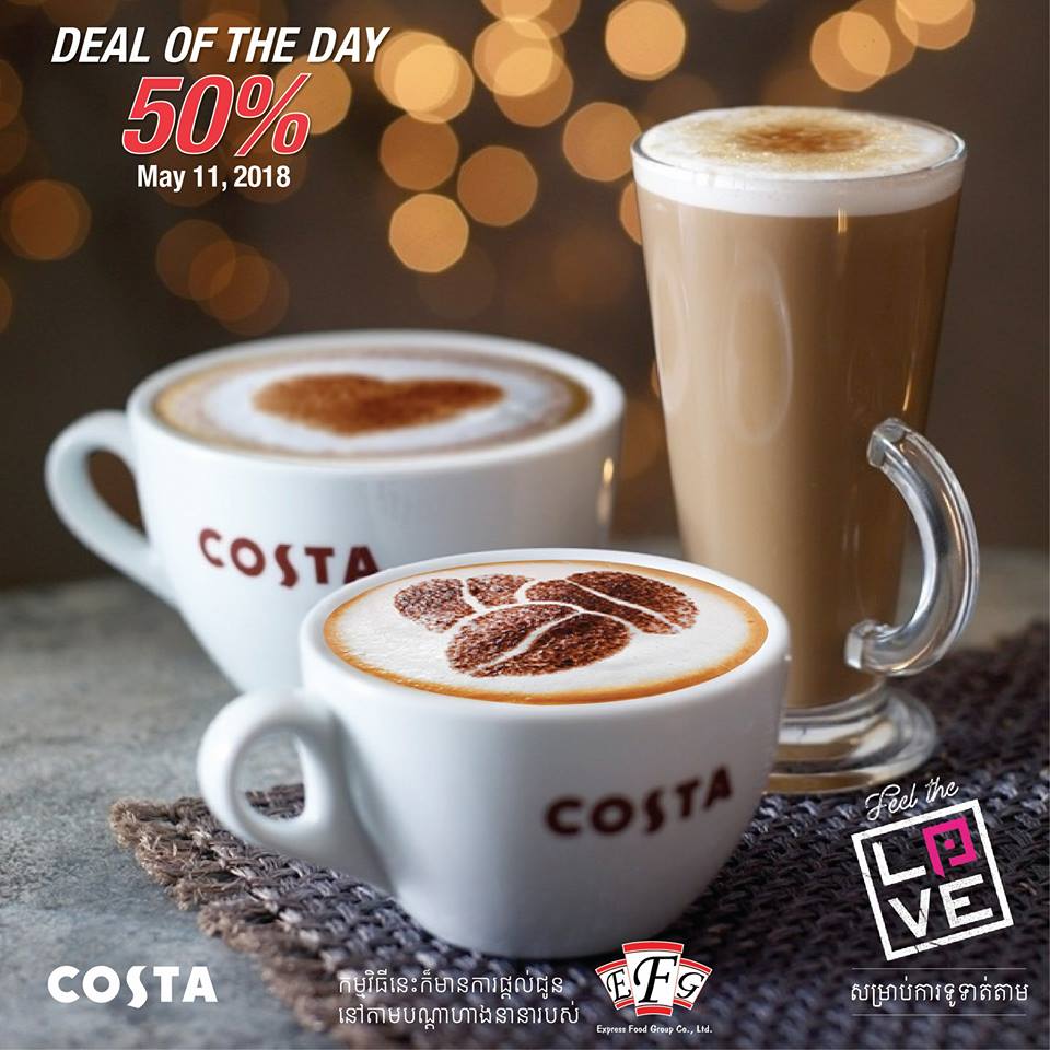 បញ្ចុះតម្លៃថ្ងៃនេះ 50% នៅគ្រប់សាខារបស់ Costa Coffee សម្រាប់ការទូទាត់ជាមួយ Pi Pay